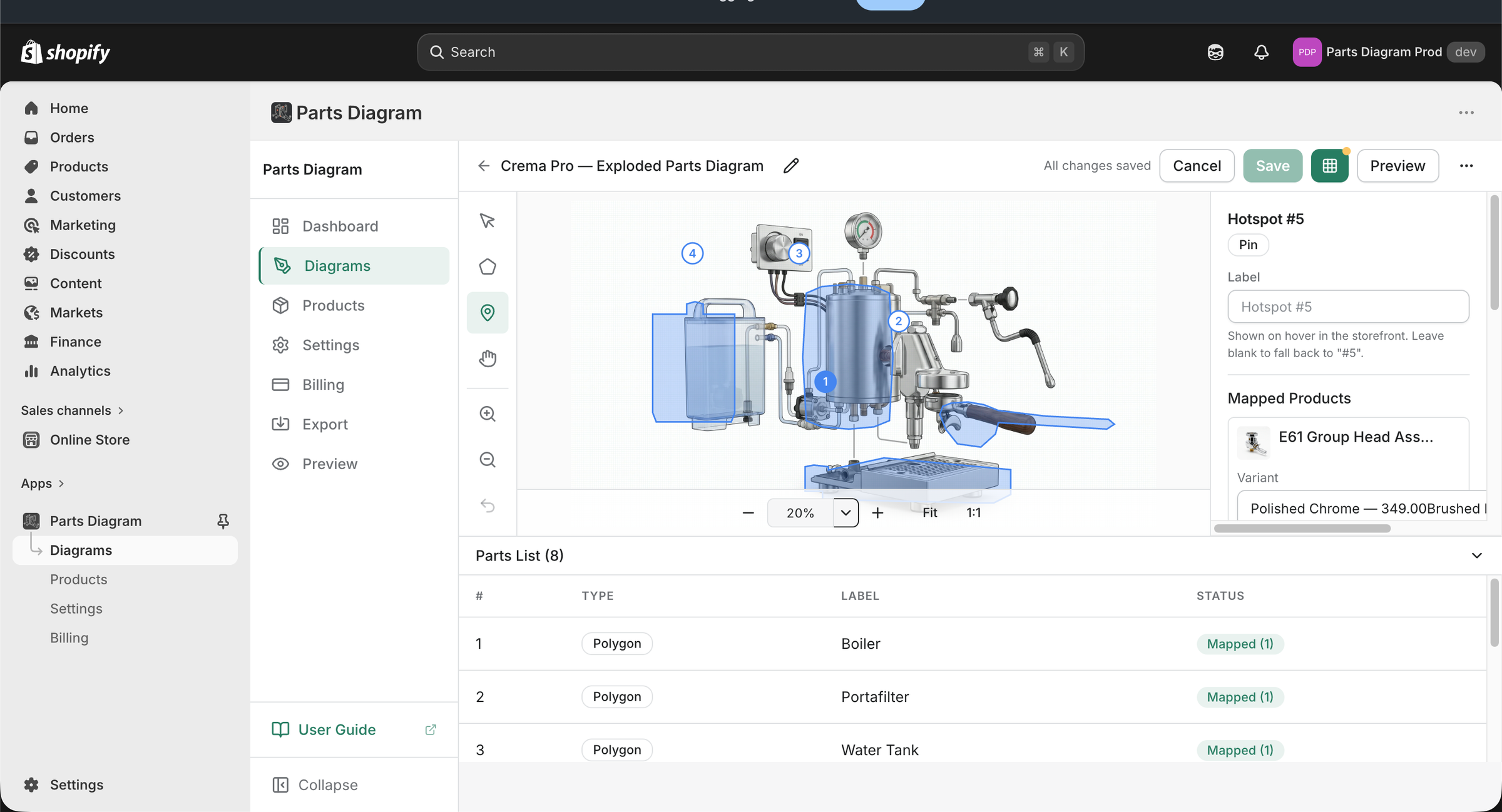 Pin tool active in the toolbar